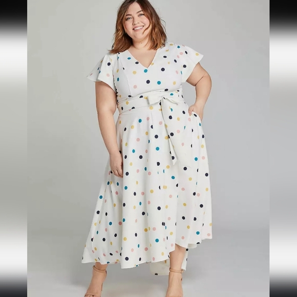 LANE BRYANT PLUS SIZE POLKA DOT Pockets And BeltHIGH-LOW LENA MAXI DRESS  SZ 16 - Picture 1 of 16